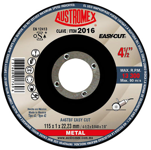 DISCO CON CENTRO DEPRIMIDO PARA CORTE DE METAL - SP A46TBF EASY CUT 4-1/2X0040X7/8 115X1X22.23 MCA AUSTROMEX