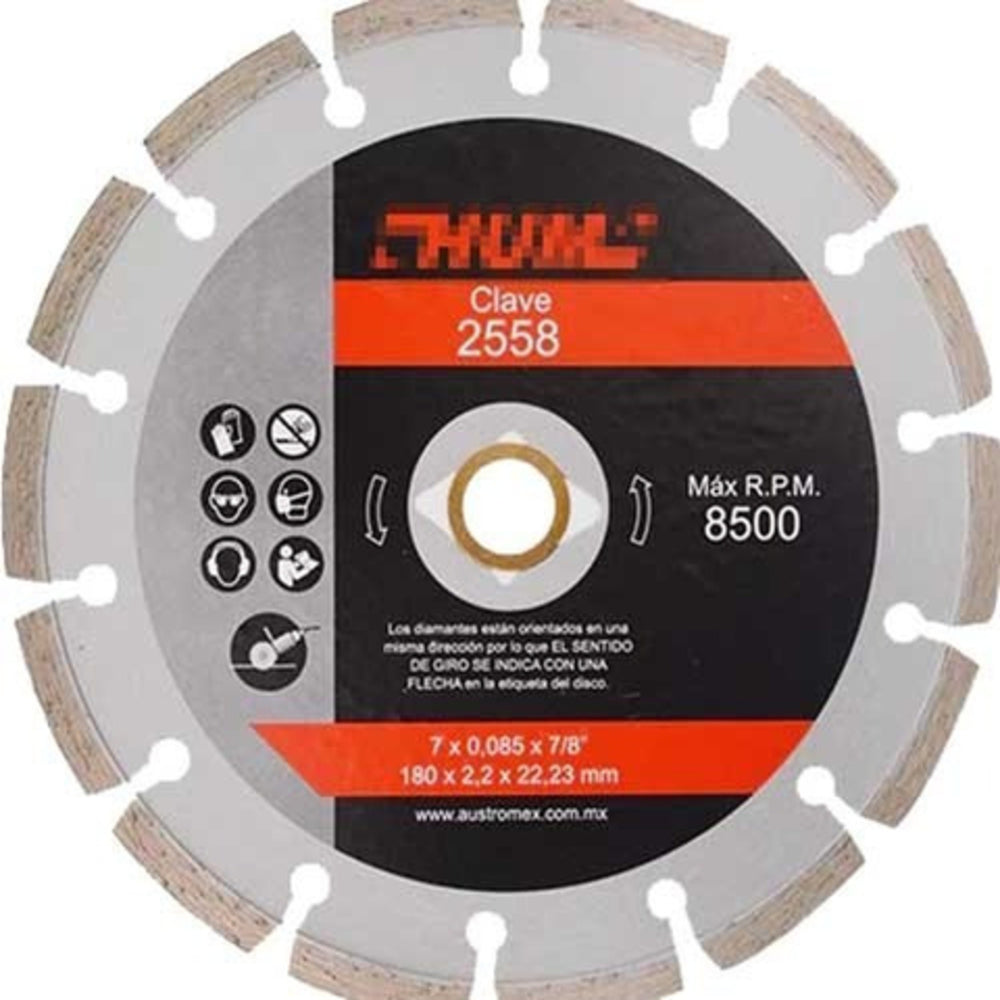 DISCO DE DIAMANTE SEGMENTADO HUM 7X0.087X7/8 180X2.3X22.2 MCA AUSTROMEX