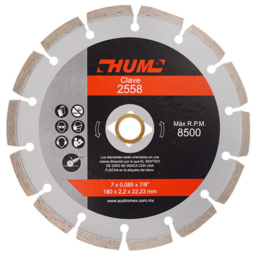 DISCO DE DIAMANTE SEGMENTADO HUM 7X0.087X7/8 180X2.3X22.2 MCA AUSTROMEX