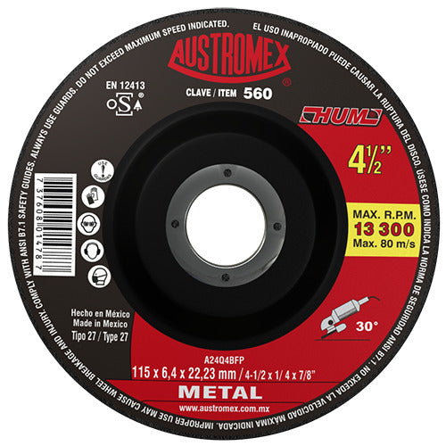 DISCO CON CENTRO DEPRIMIDO PARA DESBASTE DE METAL A24Q4BFP 4-1/2X1/4X7/8 (115X6.4X22.23) MCA AUSTROMEX