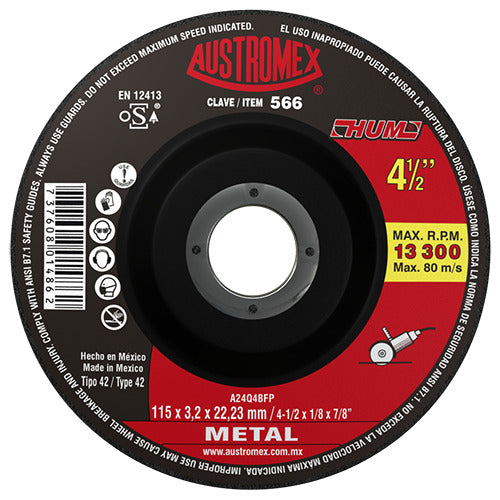 DISCO CON CENTRO DEPRIMIDO PARA CORTE DE METAL A24Q4BFP 4-1/2X1/8X7/8 (115X3.2X22.23) MCA AUSTROMEX