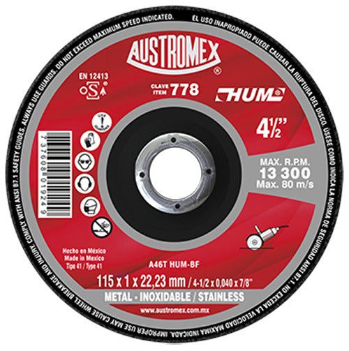 DISCO DE CORTE PLANO SUPER DELGADO PARA METAL 4-1/2X3/64X7/8 A46T HUM-BF (115X1X22.23) MCA AUSTROMEX