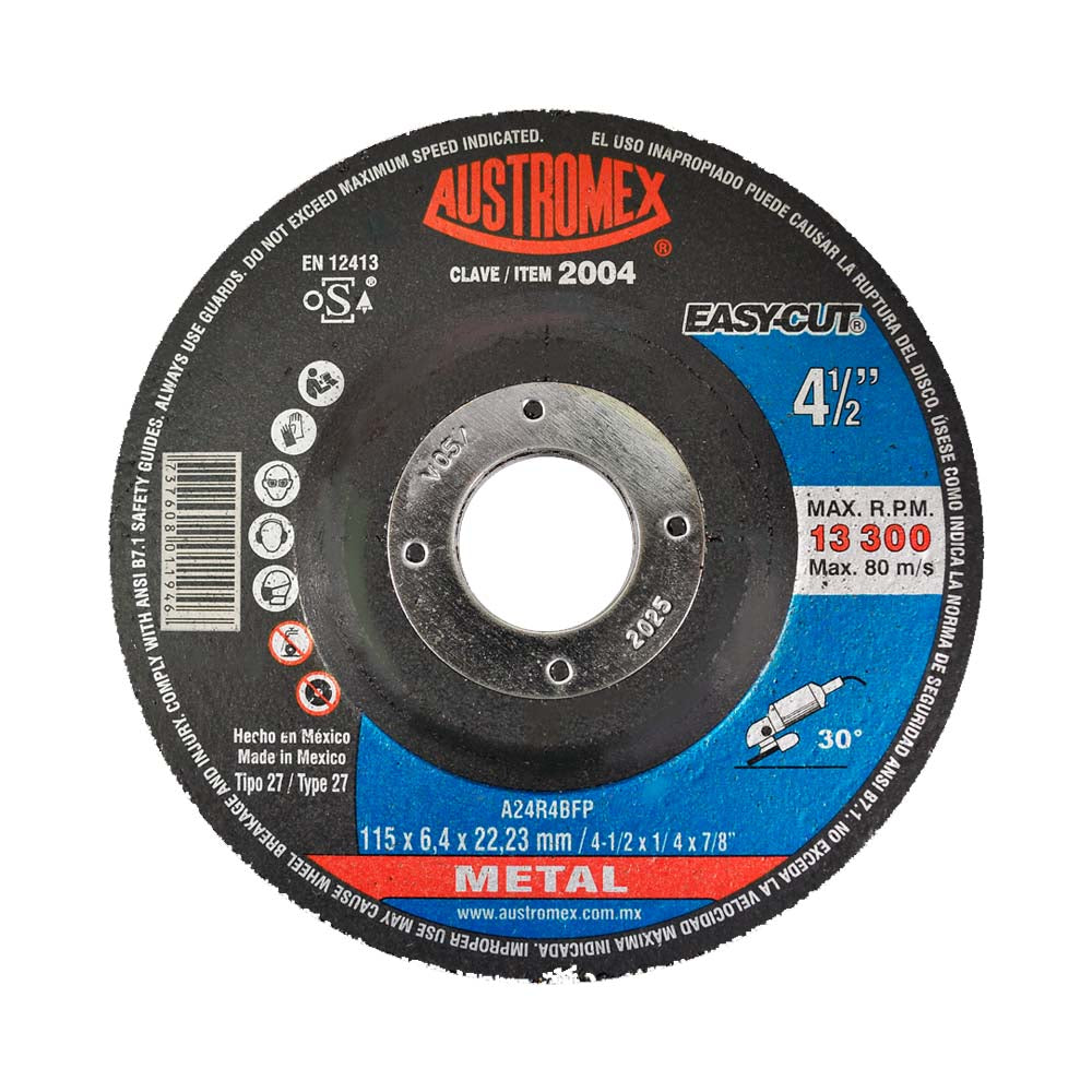 DISCO CON CENTRO DEPRIMIDO PARA DESBASTE DE METAL A24R4BFP 4-1/2X1/4X7/8 MCA AUSTROMEX