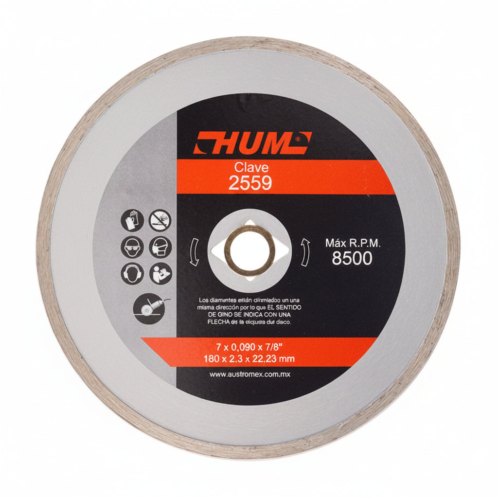 DISCO DE DIAMANTE RIN CONTINUO HUM 7X0.090X7/8 180X2.3X22.23 MCA AUSTROMEX