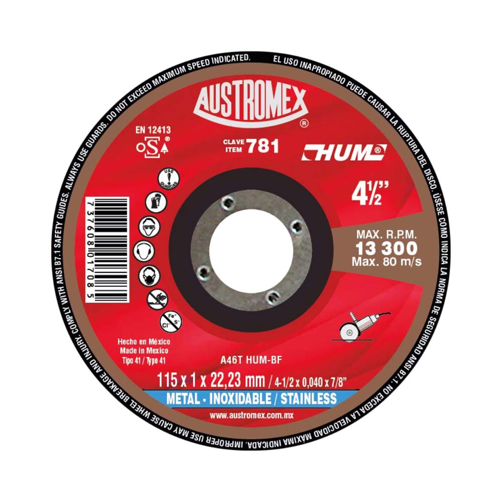 DISCO SUPER PRECISO PARA CORTE DE ACERO INOXIDABLE 4-1/2X3/64X7/8 A46T HUM-BF (115X1X22.23) MCA AUSTROMEX