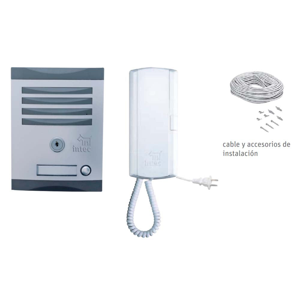 KIT DE INTERFON SENCILLO CON UN FRENTE DE CALLE EMPOTRAR TELEFONO DE PARED CON FUENTE INTEGRADA ROLLO DE CABLE Y ACCESORIOS DE INSTALACION