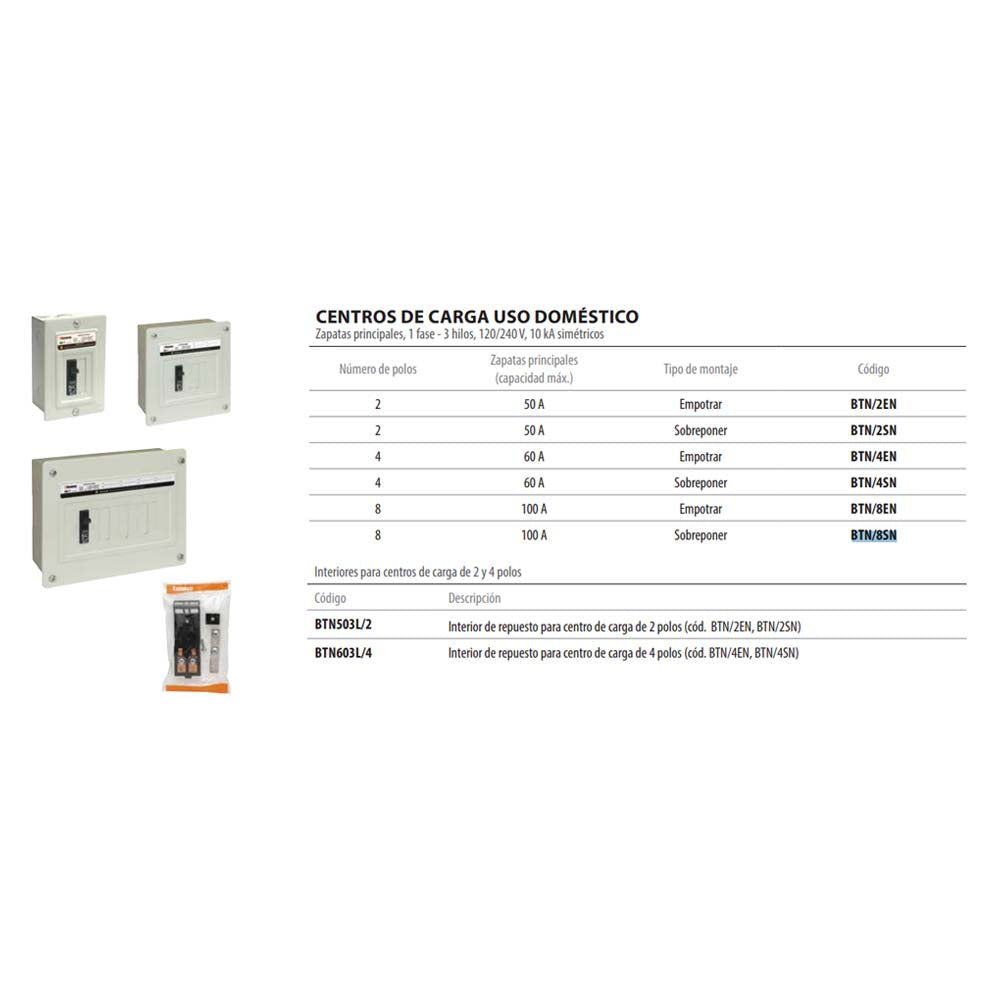 C. CARGA 8P. 100A.SOBREPONER BTN/8SR BTN/8SN USO DOMESTICO BTICINO