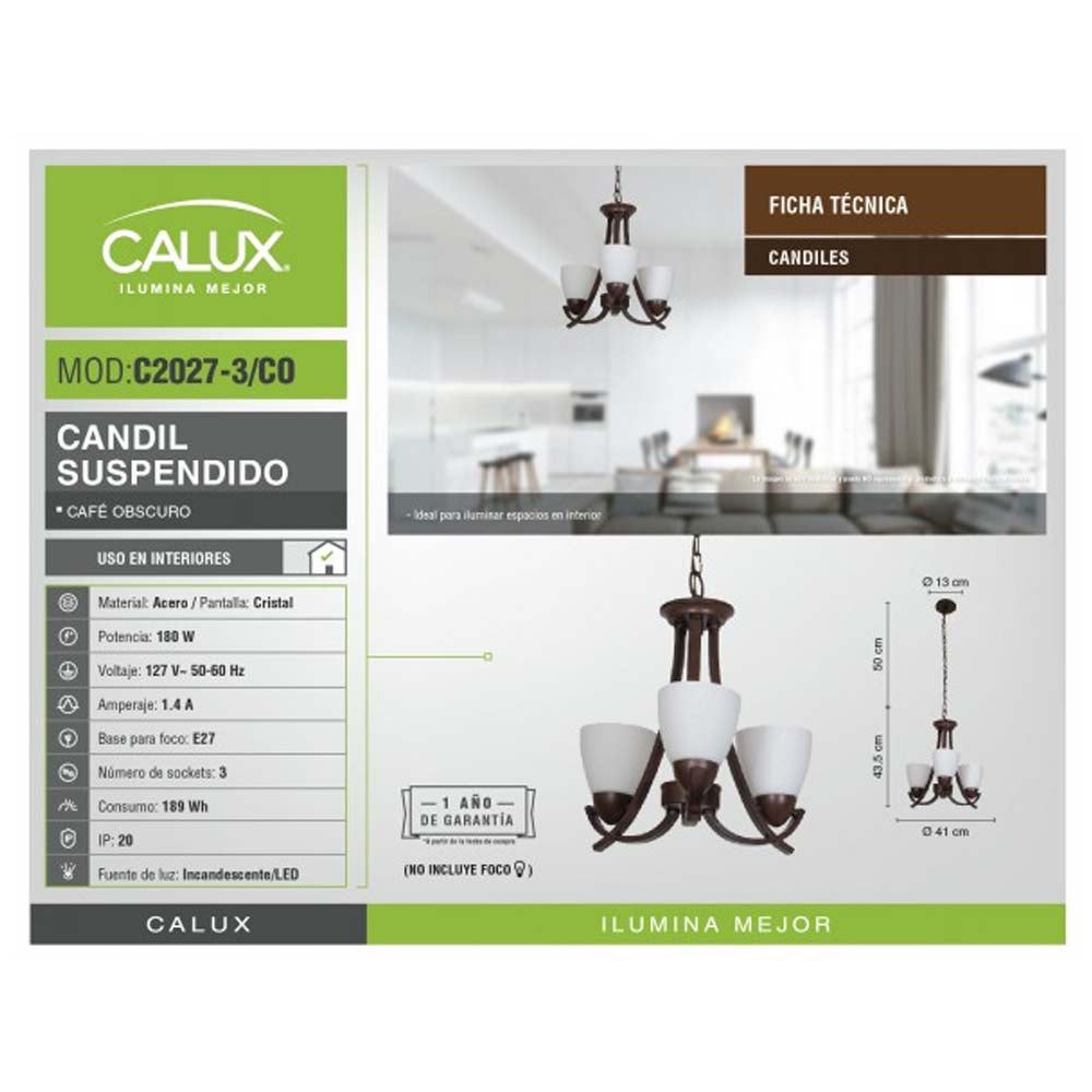 CANDIL 3 LUCES E27 3X60W MAX CAFE OBSCURO ***HAE2025***