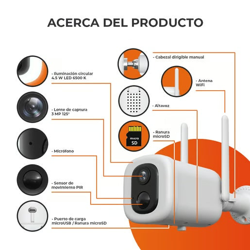 CAMARA DE SEGURIDAD EXTERIOR WIFI RECARGABLE INALAMBRICA CON LAMPARA 4.5 W VISION NOCTURNA COMPATIBLE CON APP MOVIL Y ASISTENTES DE VOZ