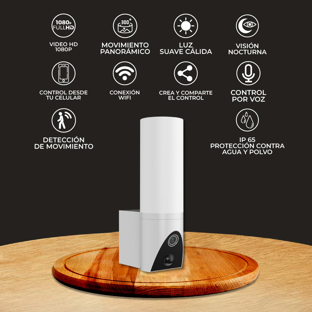 CAMARA DE MONITOREO EXTERIOR 300 CON LAMPARA INTELIGENTE WIFI 20 W VISION NOCTURNA COMPATIBLE CON APP MOVIL Y ASISTENTES DE VOZ