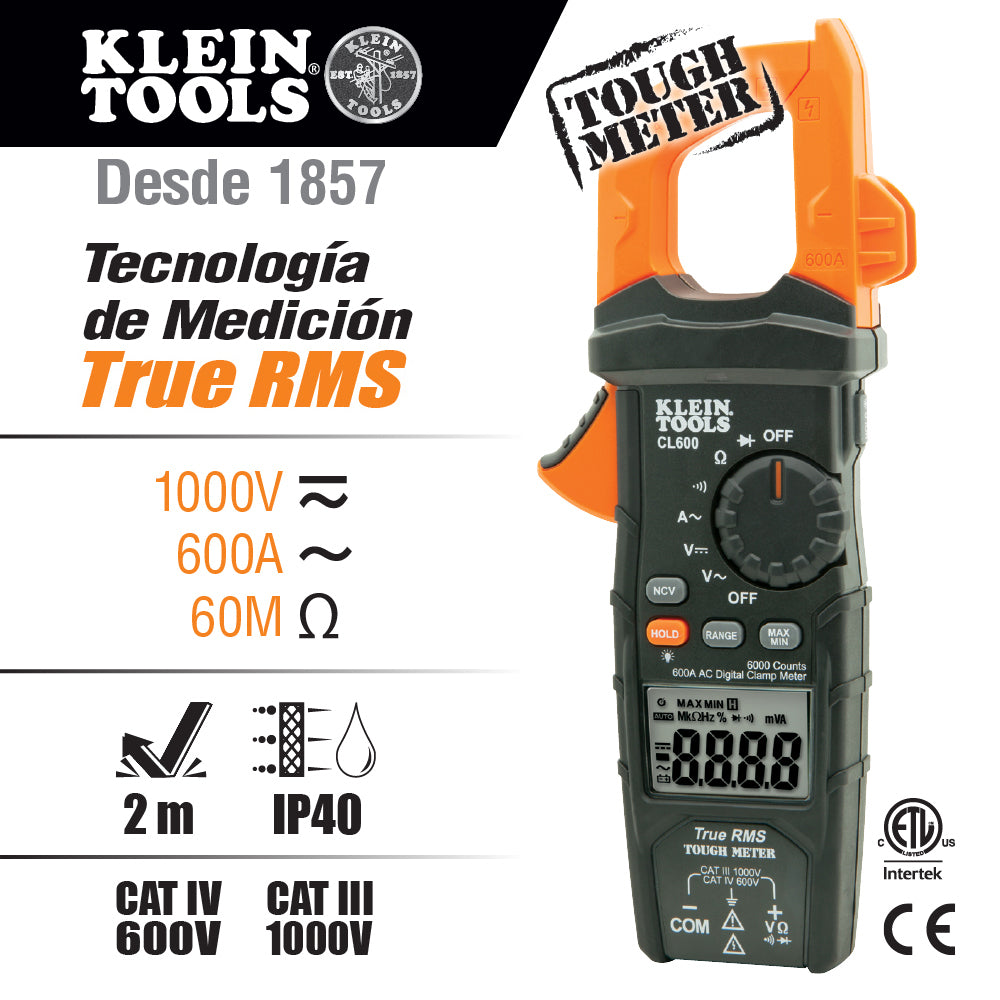 MULTIMETRO DIGITAL DE GANCHO DE RANGO AUTOMATICO DE 600A. CA CON MEDIA CUADRATICA REAL KLEIN TOOLS