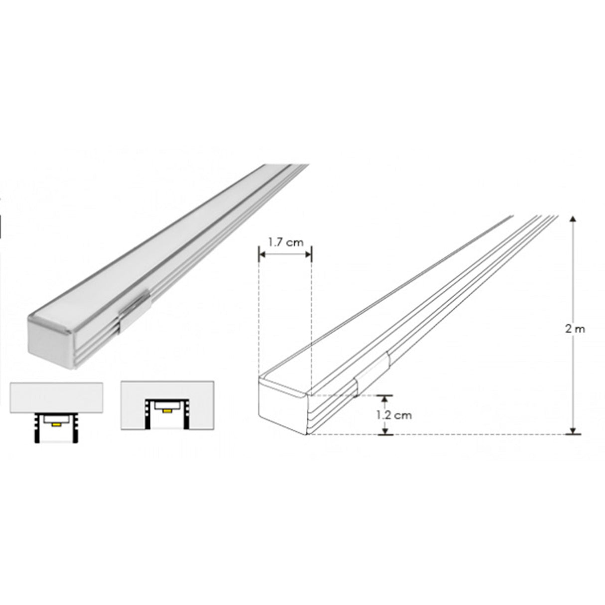 KIT PERFIL P/TIRA EXTRAPLANA LED S/CEJA (PERFIL RECT ALUM NEGRO 2M + MICA DIFUSA 2M + 2 TAPAS LAT +  2 GRAPAS DE EMP/SOB IP20) ILUMILEDS