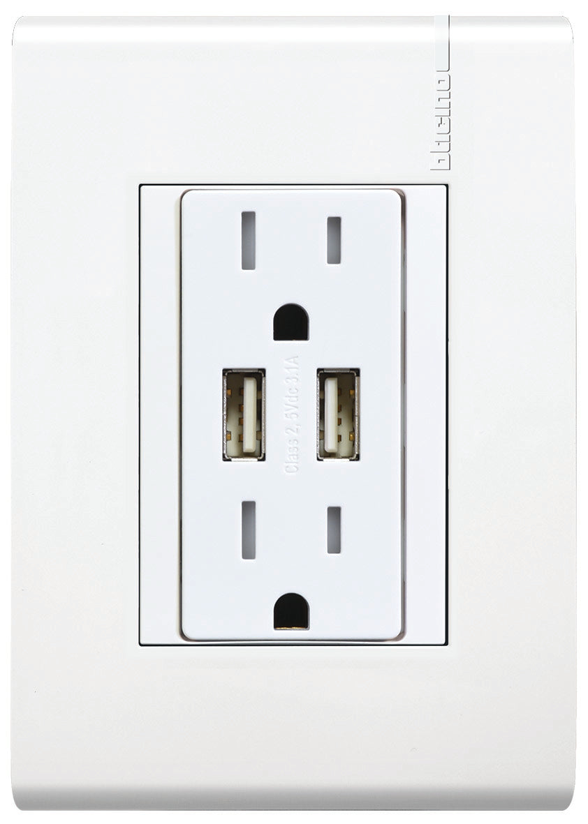 TOMACORRIENTE DUPLEX 2P+T + 2 USB 3.1A CON PROTECCIÓN INFANTIL 15A 127-250V PLACA BLANCA