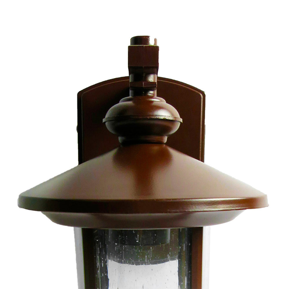 FAROL EXTERIOR CUERPO DE LAMINA DE METAL ACABADO CAOBA CON PANTALLA DE CRISTAL Y BASE DE FOCO E27 EXT-609-627 MIL LUCES
