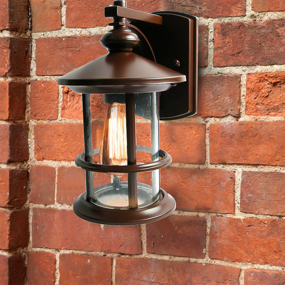 FAROL EXTERIOR CUERPO DE LAMINA DE METAL ACABADO CAOBA CON PANTALLA DE CRISTAL Y BASE DE FOCO E27 EXT-609-627 MIL LUCES