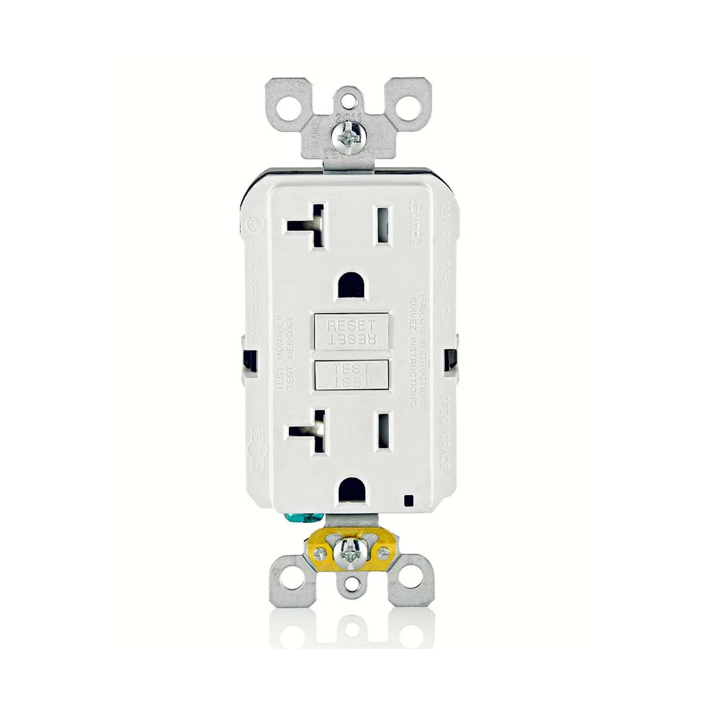 RECEPTACULO DUPLEX GFCI SLIM SMARTLOCKPRO COMERCIAL TAMPER RESIST 20A 125V 2P3H AUT PRU BCO C/PLACA
