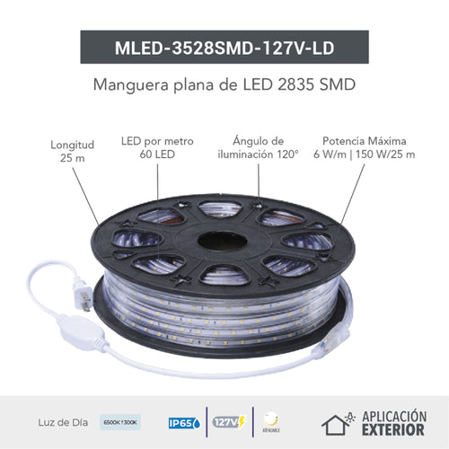 MANGUERA PLANA DE LED 3528 SMD 127V IP65 BLANCO CALIDO H-MLED-2835SMD-127V/BC MCA TECNOLITE