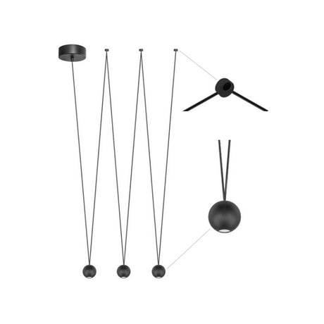 LUMINARIO DE SUSPENDER DE LED CON TRES CUERPOS ESFERICOS BLANCO CALIDO 12W OPTICA 38 DE SOBREPONER EN TECHO ALUMINIO ACABADO NEGRO 85-265V CA IP20