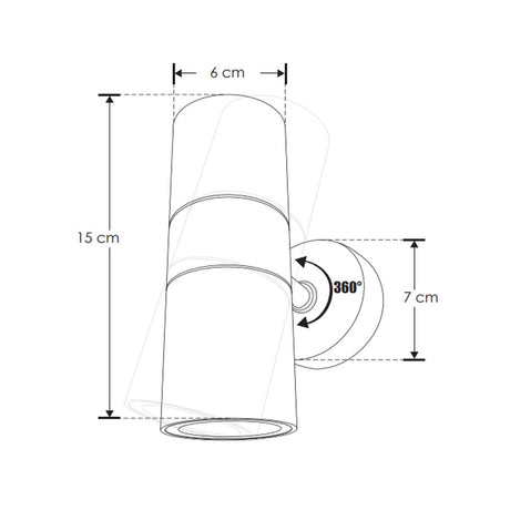 LUMINARIO PARA 2 LAMPARAS GU10 20W 10W MAX EN C/BASE GU10 CILINDRO POLICARBONATO ACABADO NEGRO MICA TRANSPARENTE SALIDA SUPERIOR E INFERIOR CON BASE ROTATORIA 360 NO INCLUYE LAMPARAS 100-240V CA IP4