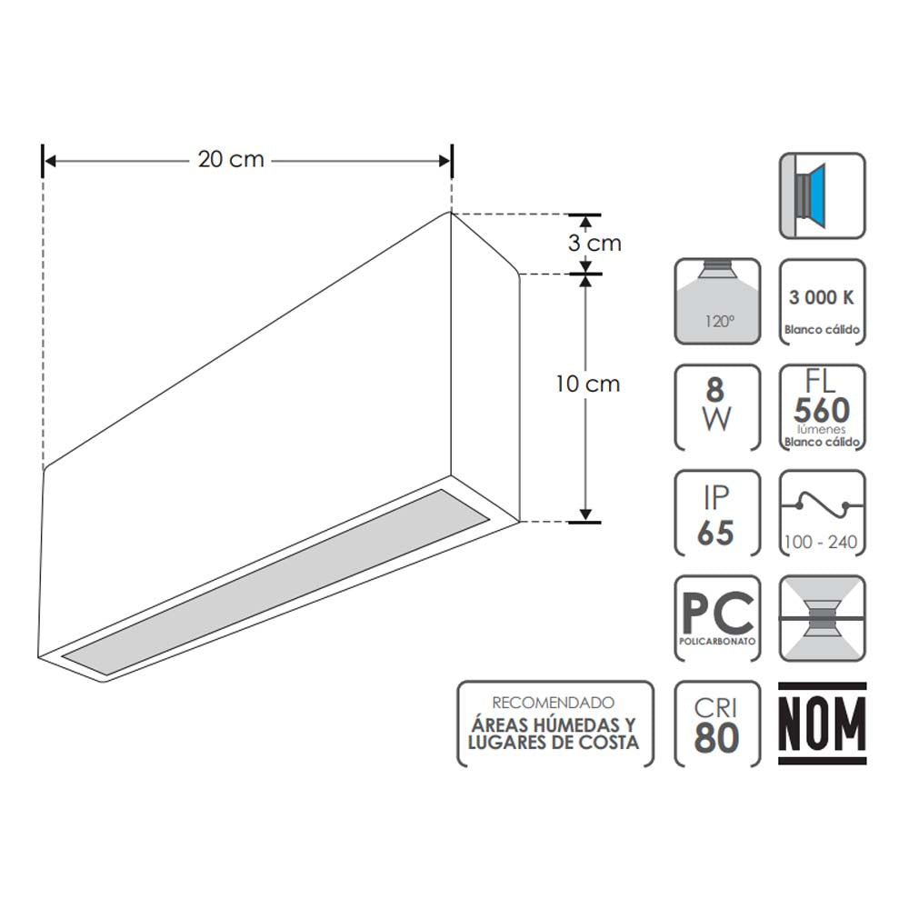 LUMINARIO PARED LED BLANCO CALIDO 8W RECTANGULAR SOBREPONER SALIDAS SUPERIOR E INFERIOR NEGRO 85-265 VCA IP65