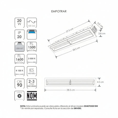 LUMINARIO DE TECHO CON MICA DIFUSA PUNTUAL RECTANGULAR DE LED BLANCO NEUTRO 20W OPTICA ASIMETRICA DE EMPOTRAR ALUMINIO ACABADO NEGRO 85-277V CA IP20***HAE2025***