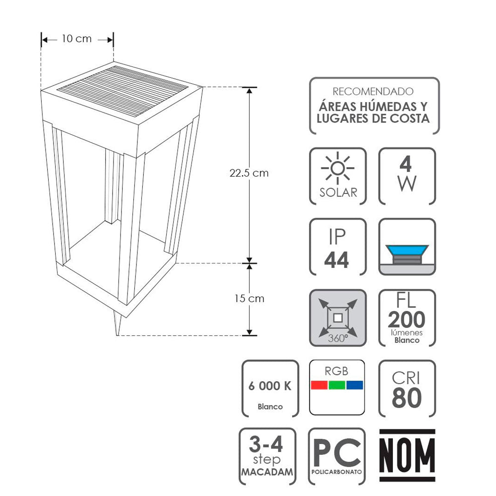 LUMINARIO SOLAR LED NEGRO LUZ BLANCA Y RGB 4W 360 CON SENSOR DE OBSCURIDAD 2 MODOS DE OPERACION BATERIA DE LITIO 3.7V REMPLAZABLE IP44 ILUMILEDS