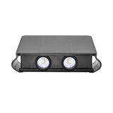 LUMINARIO SOLAR LED BLANCO CALIDO CON 4 LENTES 2W SALIDA DE LUZ SUPERIOR E INFERIOR RECTANGULAR DE SOBREPONER EN PARED POLICARBONATO ACABADO NEGRO BATERIA DE LITIO DE 3.7V CC 1300 MAH REMPLAZABLE IP54