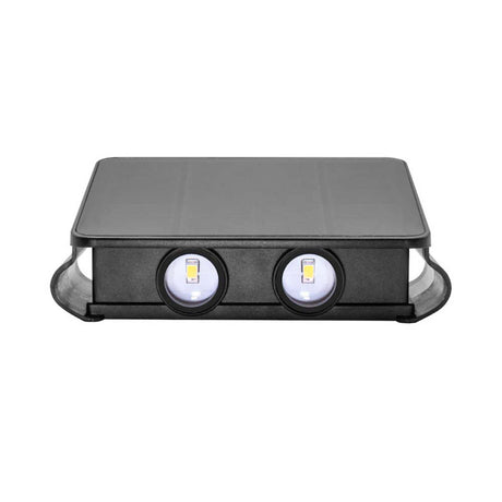 LUMINARIO SOLAR LED BLANCO CALIDO CON 4 LENTES 2W SALIDA DE LUZ SUPERIOR E INFERIOR RECTANGULAR DE SOBREPONER EN PARED POLICARBONATO ACABADO NEGRO BATERIA DE LITIO DE 3.7V CC 1300 MAH REMPLAZABLE IP54
