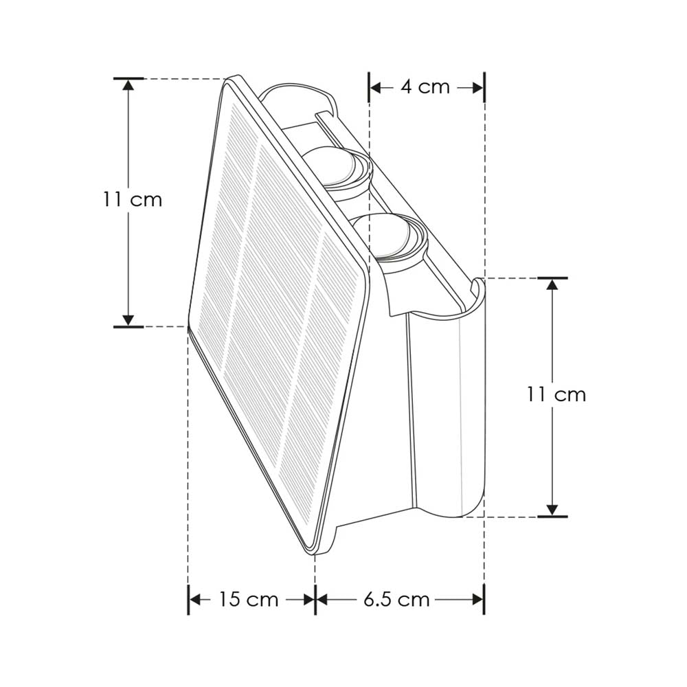 LUMINARIO SOLAR LED BLANCO CALIDO CON 4 LENTES 2W SALIDA DE LUZ SUPERIOR E INFERIOR RECTANGULAR DE SOBREPONER EN PARED POLICARBONATO ACABADO NEGRO BATERIA DE LITIO DE 3.7V CC 1300 MAH REMPLAZABLE IP54