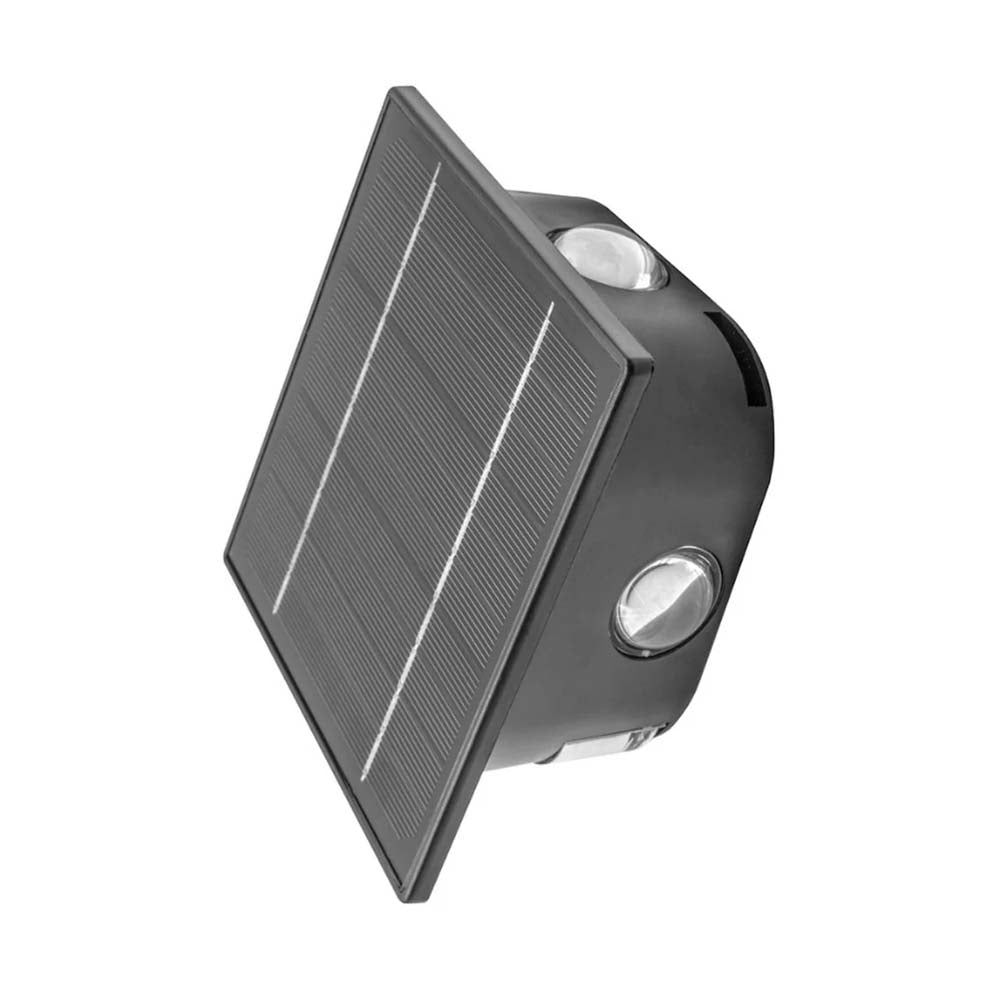 LUMINARIO SOLAR LED BLANCO CALIDO CON 6 LENTES 2W OPTICA 360GCUADRADO SOBREPONER POLICARBONATO ACABADO NEGRO 2 NIVELES DE BRILLO CON INTERRUPTOR BATERIA DE LITIO DE 3.2V CC 1300 MAH REMPLAZABLE IP54