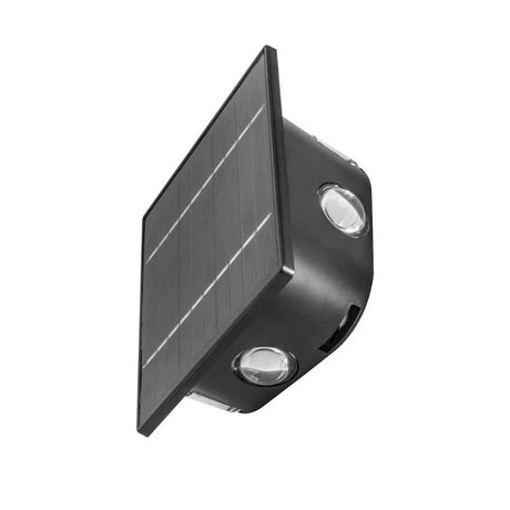 LUMINARIO SOLAR LED BLANCO CALIDO CON 6 LENTES 2W OPTICA 360GCUADRADO SOBREPONER POLICARBONATO ACABADO NEGRO 2 NIVELES DE BRILLO CON INTERRUPTOR BATERIA DE LITIO DE 3.2V CC 1300 MAH REMPLAZABLE IP54