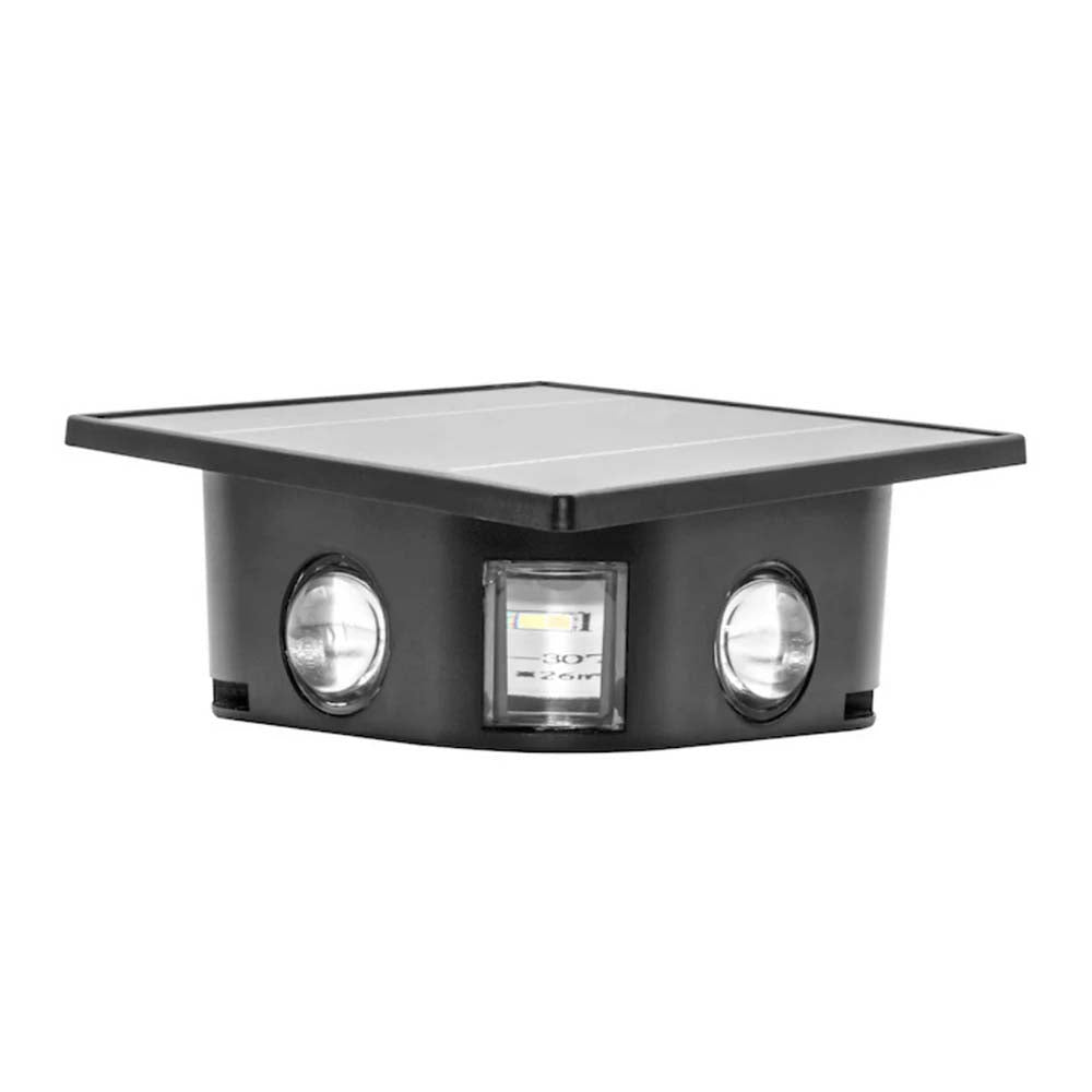LUMINARIO SOLAR LED BLANCO CALIDO CON 6 LENTES 2W OPTICA 360GCUADRADO SOBREPONER POLICARBONATO ACABADO NEGRO 2 NIVELES DE BRILLO CON INTERRUPTOR BATERIA DE LITIO DE 3.2V CC 1300 MAH REMPLAZABLE IP54