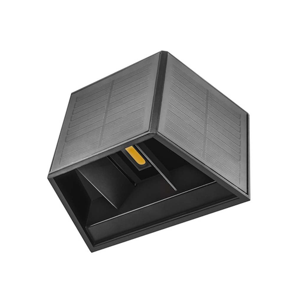 LUMINARIO SOLAR DE LED BLANCO CALIDO CON DOS SALIDAS DE LUZ Y CORTADORES AJUSTABLES 3W DE SOBREPONER EN PARED POLICARBONATO ACABADO NEGRO BATERIA DE LITIO DE 3.7V CC 1300 MAH REMPLAZABLE IP54