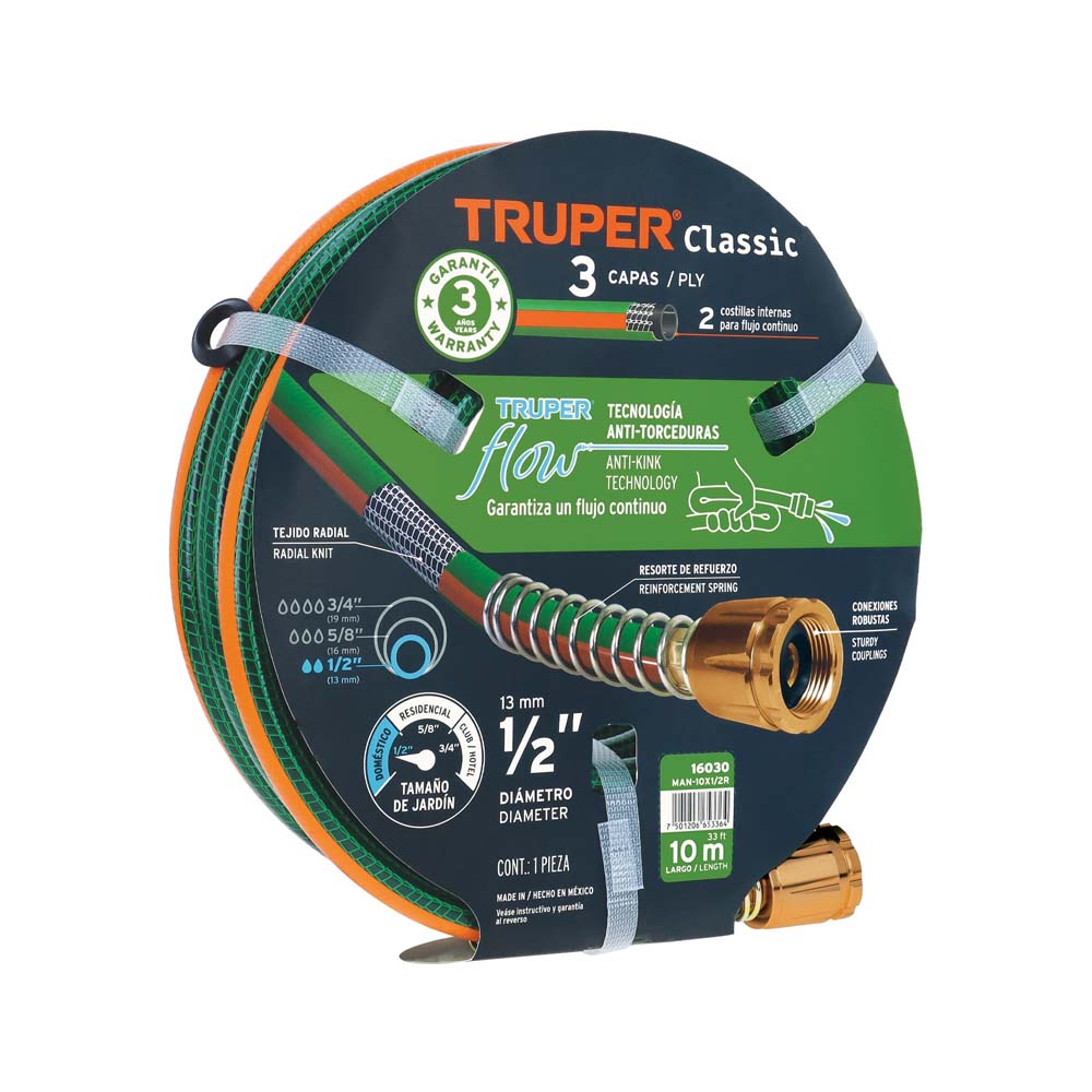 KIT DE 4 MANGUERASREFORZADAS DE 1/2 PULGADA 3 CAPAS CONEXIONES DE METAL 10M TRUPER