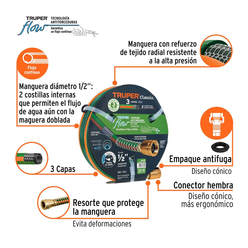 KIT DE 4 MANGUERASREFORZADAS DE 1/2 PULGADA 3 CAPAS CONEXIONES DE METAL 10M TRUPER