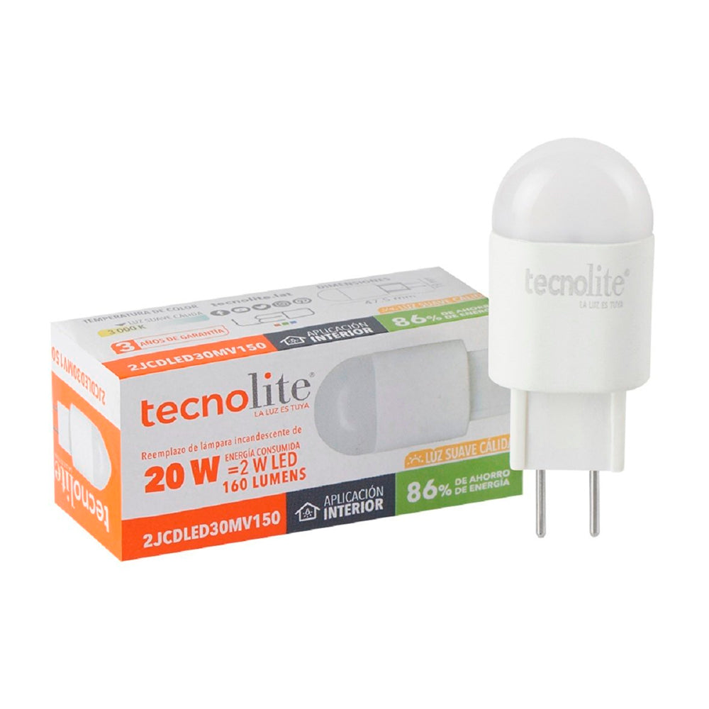 KIT DE 12 PIEZAS DE FOCO LED TECNOLITE TIPO AMPOLLETA 127V / 2W LUZ SUAVE CALIDA BASE GY6.35