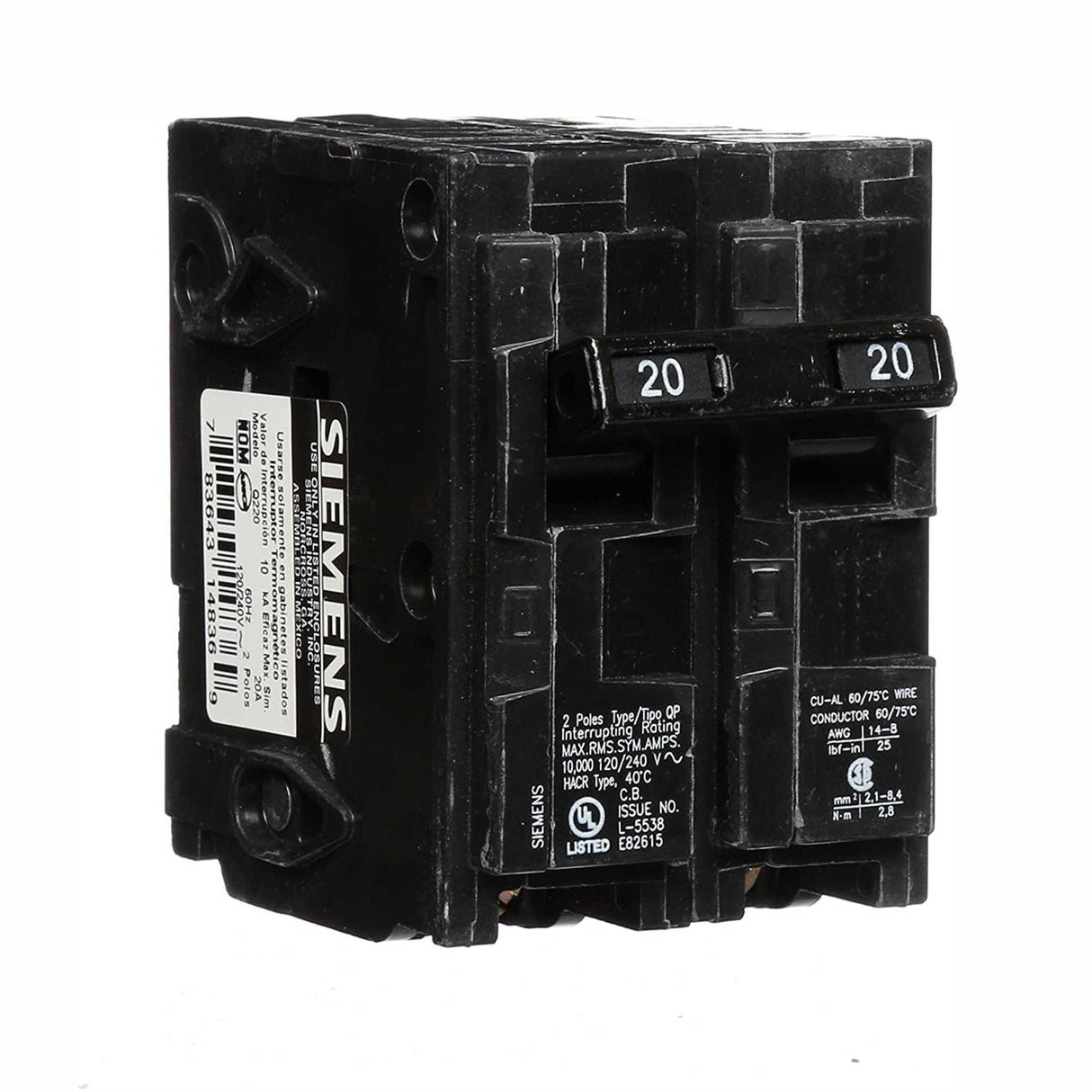 KIT DE 2 INTERRUPTORES AUTOMATICOS QP 2X20A COLOR NEGRO SIEMENS