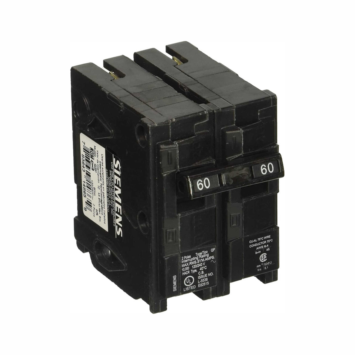 KIT DE 2 INTERRUPTORES AUTOMATICOS QP 2X60 COLOR NEGRO SIEMENS