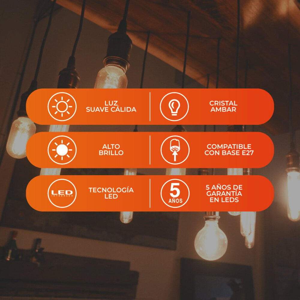 KIT DE 6 PIEZAS DE FOCO LED TECNOLITE VINTAGE ATENUABLE 3.5W LUZ SUAVE CÁLIDA BASE E27 FILAMENTO VERTICAL
