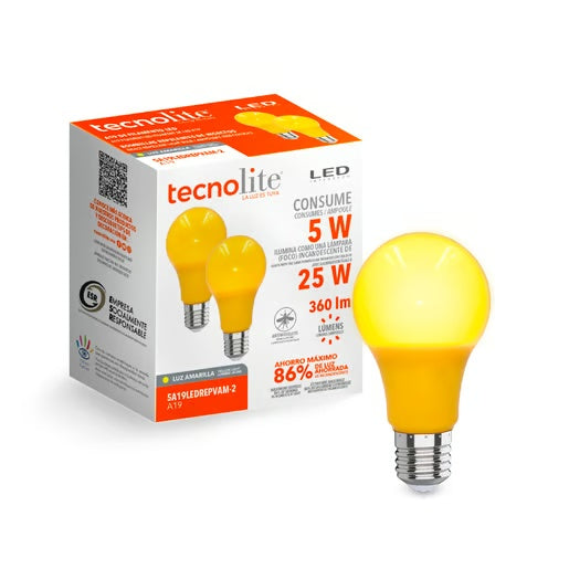 KIT DE 4 PIEZAS DE PAQUETE DE DOS FOCOS LED TECNOLITE REPELENTE DE INSECTOS 5W LUZ SUAVE CALIDA BASE E27