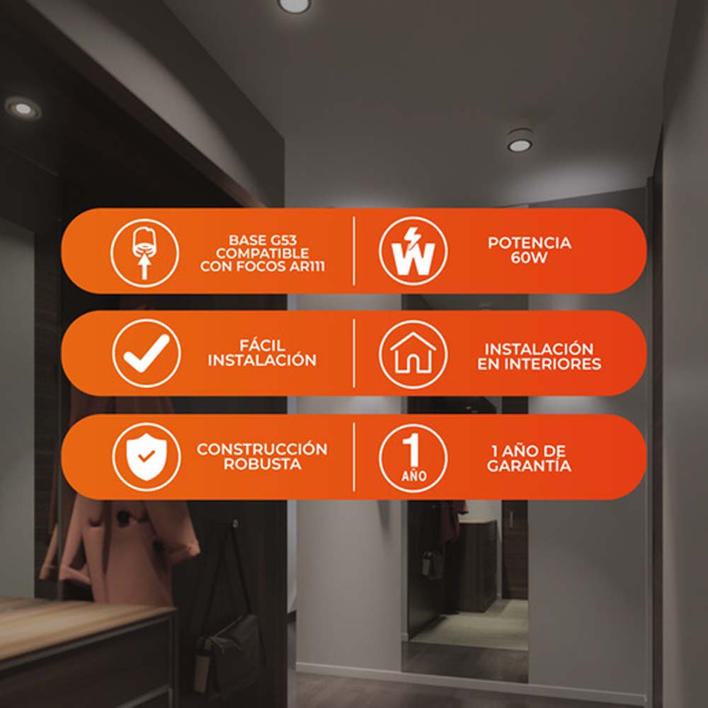 KIT DE 2 LÁMPARAS DE INTERIOR SPOT PARA SOBREPONER 60W BASE G53 TECNOLITE