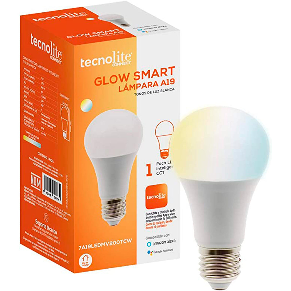 KIT DE 6 PIEZAS DE FOCO LED TECNOLITE GLOW SMART 7W LUZ BLANCA DINAMICA BASE E27 ATENUABLE COMPATIBLE CON APP MOVIL Y ASISTENTES DE VOZ
