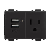 KIT DE 2 CONTACTOS DUPLEX 2 POLOS CON TIERRA Y 2 CONTACTOS USB 3 MODULOS EN COLOR NEGRO LINEA ALPHA ESTEVEZ