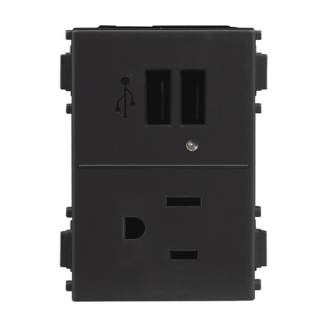 KIT DE 2 CONTACTOS DUPLEX 2 POLOS CON TIERRA Y 2 CONTACTOS USB 3 MODULOS EN COLOR NEGRO LINEA ALPHA ESTEVEZ