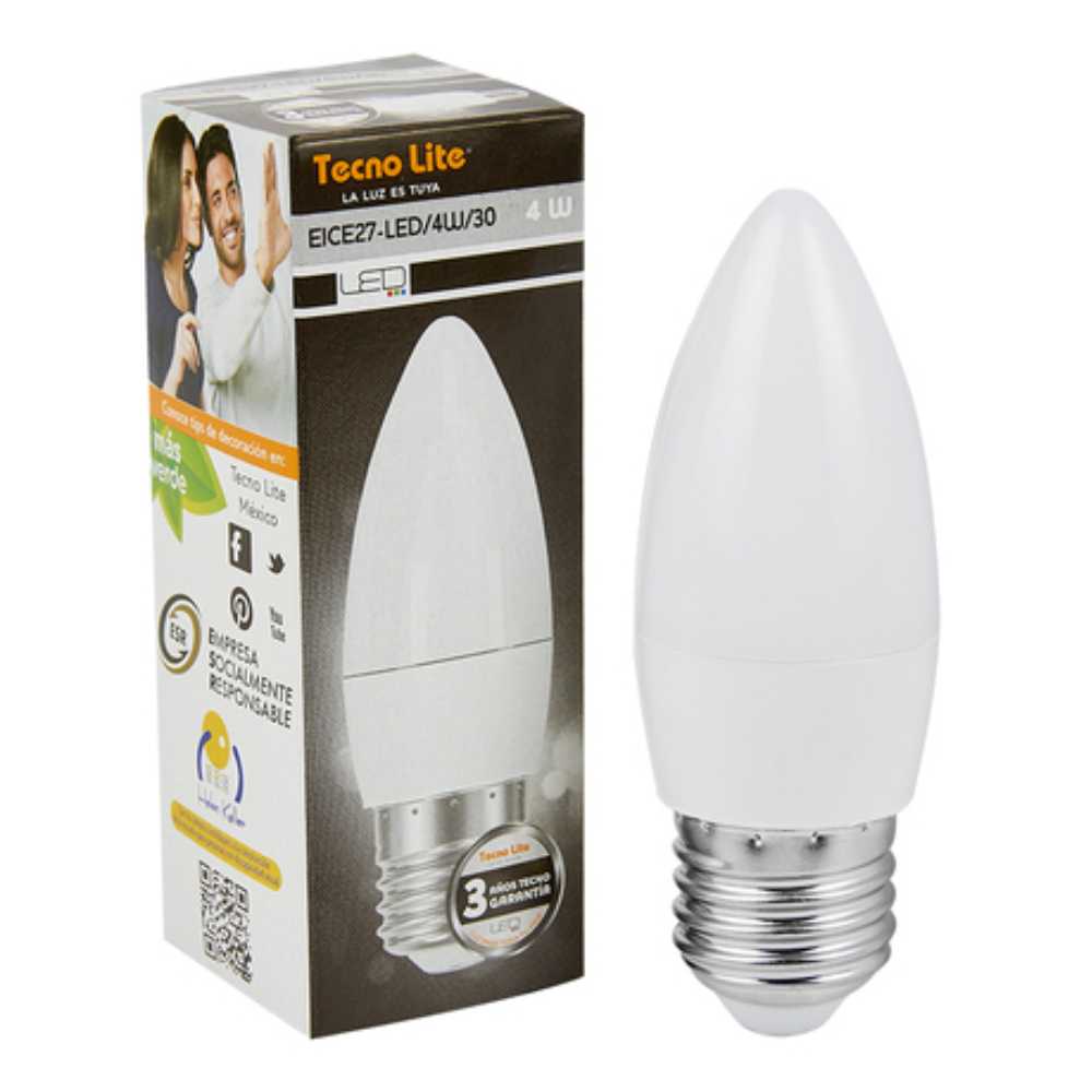 KIT DE 12 PIEZAS DE FOCO LED TECNOLITE TIPO VELA 4W LUZ SUAVE CALIDA BASE E27