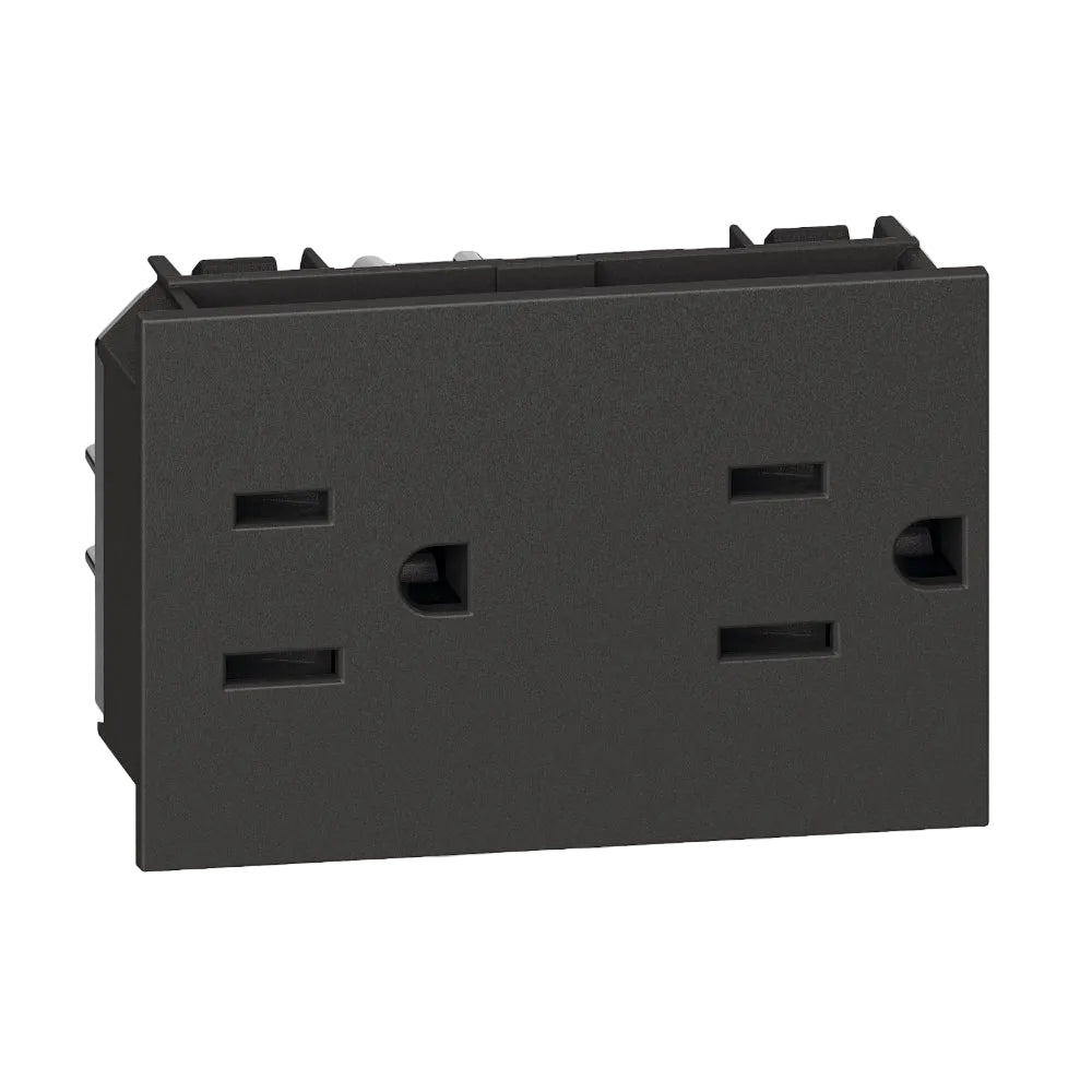 TOMACORRIENTE DUPLEX 2P+T CON PROTECCION INFANTIL COLOR NEGRO 3 MODULO 15A 127-250V MCA LIVING NOW