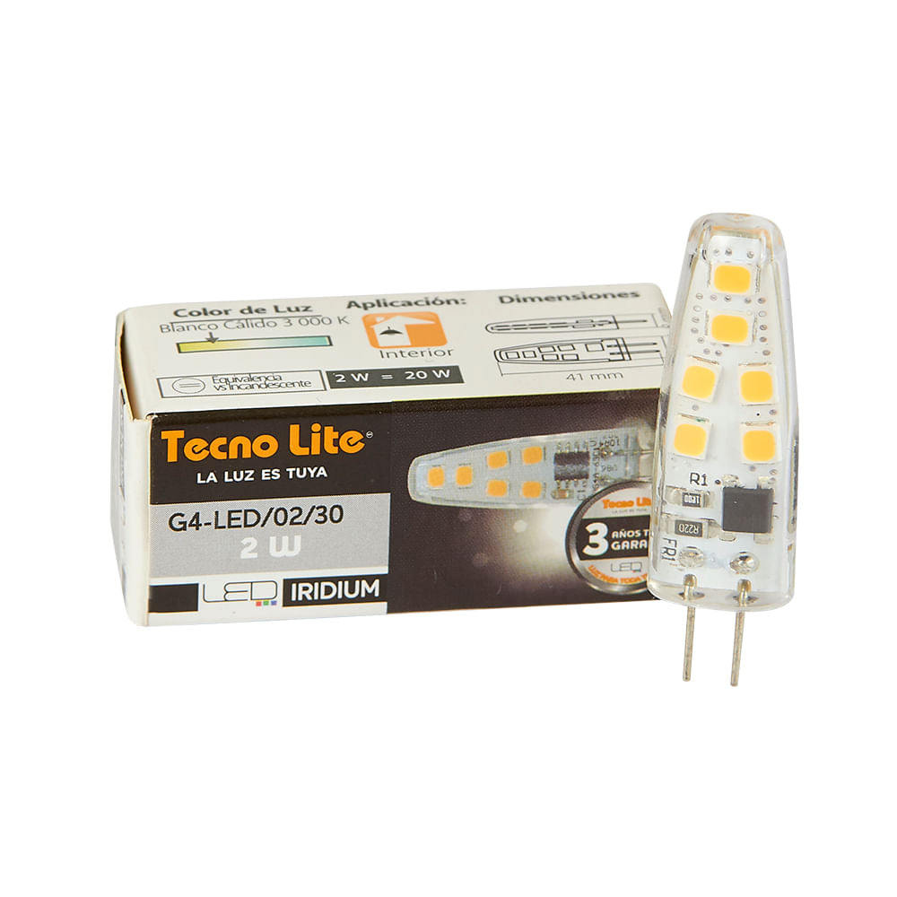 KIT DE 10 PIEZAS DE FOCO LED TECNOLITE TIPO AMPOLLETA 2W 12V LUZ SUAVE CALIDA BASE G4