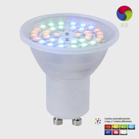 KIT DE 8 PIEZAS DE FOCO LED TECNOLITE 3W LUZ RGB CAMBIA DE COLOR AUTOMATICAMENTE BASE GU10