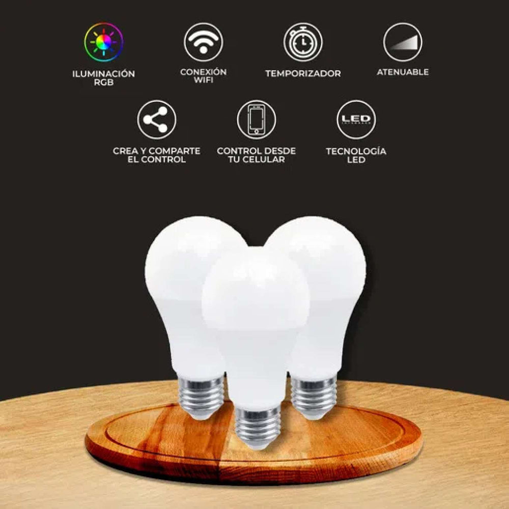 PAQUETE DE 3 FOCOS LED INTELIGENTES A19 WIFI 8 W LUZ RGB + BLANCA BASE E27 COMPATIBLE CON APP MOVIL Y ASISTENTES DE VOZ