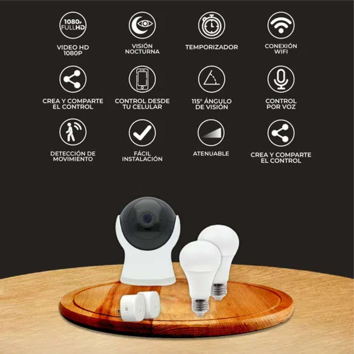 KIT CONTROL BÁSICO TECNOLITE CONTROL BÁSICO UN CÁMARA DOS FOCOS LED CON LUZ RGB Y BLANCA DOS ENCHUFES COMPATIBLE CON APP MÓVIL Y ASISTENTES DE VOZ ***TECNOLITE HAE***